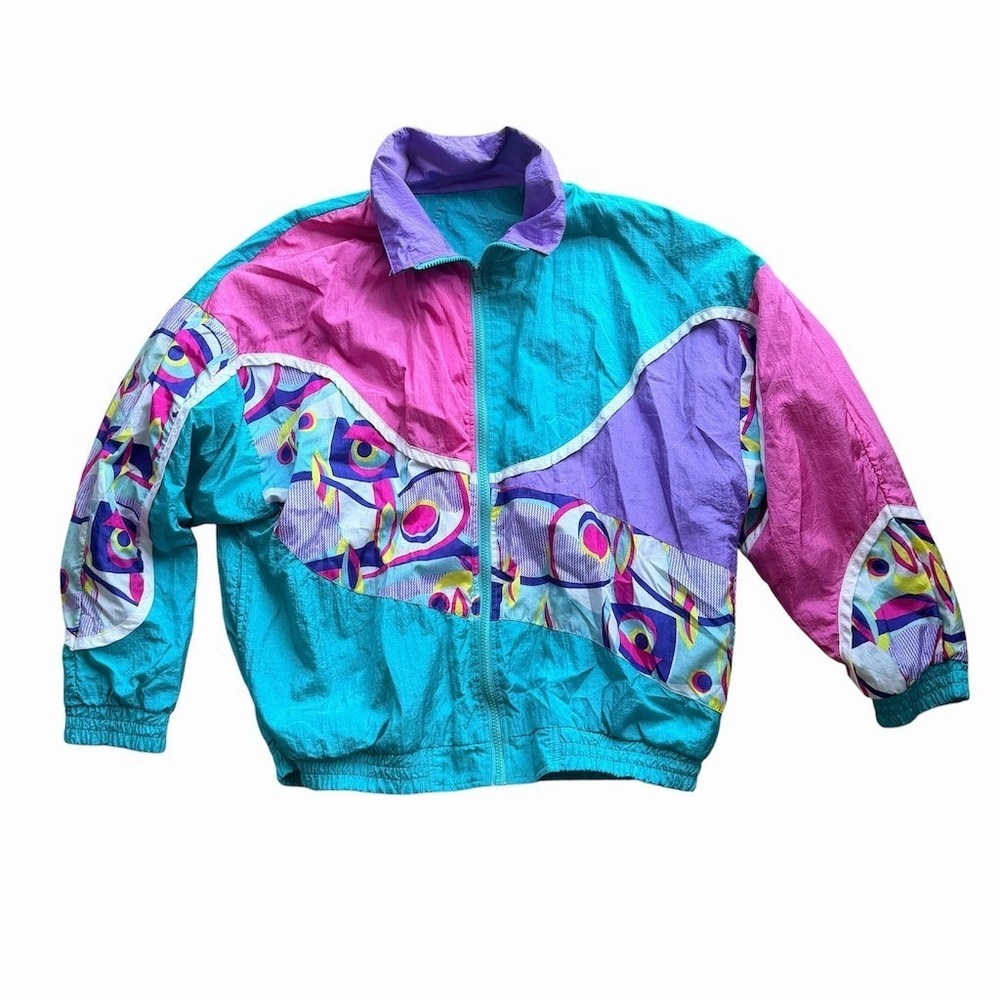 Casual Isle Vintage 80s Windbreaker Jacket Womens L Teal Pink Purple